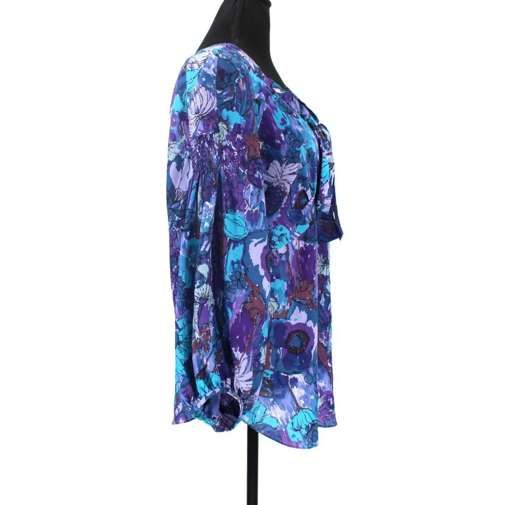 Rebecca Taylor Silk Blue Purple Abstract Floral Print Blouse 8 Tie Neckline Top